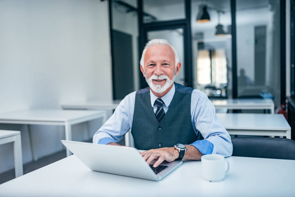 Portrait of modern senior business man using laptop. Looking at camera. - Foto, Imagen