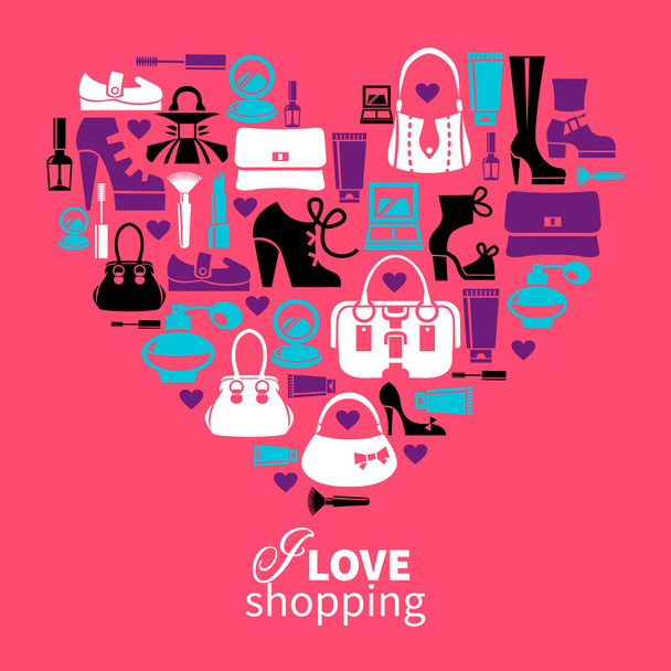 Shopping love - heart with set of vector fashion women's icons - Vector, Image