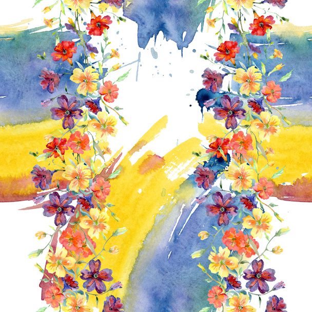 Csokor piros és sárga virág botanikai virágok. Akvarell háttér illusztráció készlet. Varratmentes háttérben minta. - Fotó, kép