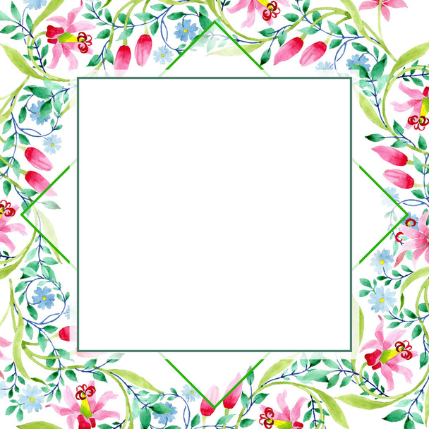 Ornament pink and blue floral botanical flowers. Watercolor background illustration set. Frame border ornament square. - Foto, afbeelding
