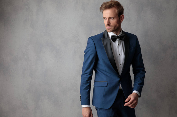 Elegant man wearing a blue tuxedo stepping to a side while looking at the other side on a light grey background - Photo, Image