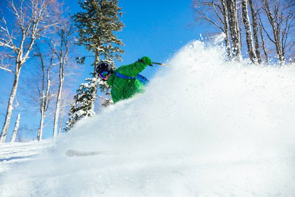 Jovem atleta estilo livre esquiador se divertindo enquanto corre descendo na bela paisagem no dia ensolarado durante a temporada de inverno - Foto, Imagem