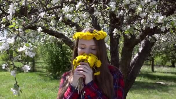 Meisje met een bouquet van paardebloemen en een kroon op haar hoofd, genieten van de geur - Video