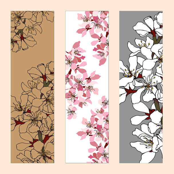花しおり、レイアウト、コーポレート ・ アイデンティティ、デザインのピンクと白の花のチラシのセット。フラット スタイルのベクトル図. - ベクター画像