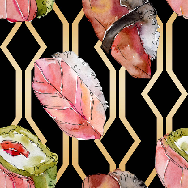 Conjunto de sushi aquarela de bela ilustração de comida japonesa saborosa. Padrão de fundo sem costura
. - Foto, Imagem