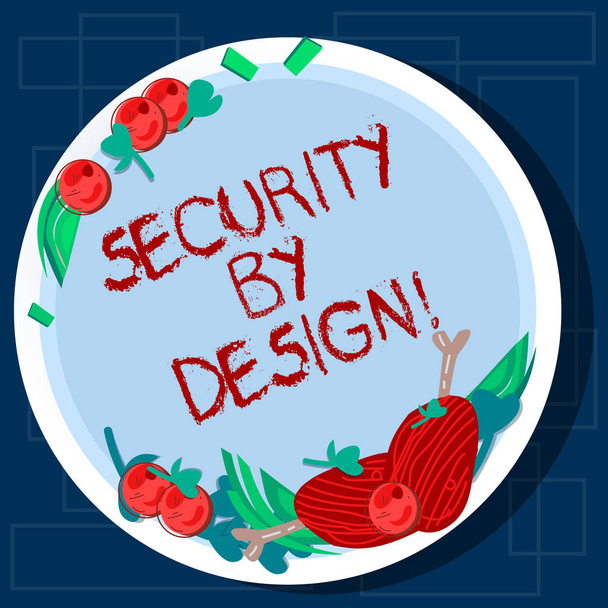 Writing note showing Security By Design. Business photo showcasing software has been designed from foundation to safe Hand Drawn Lamb Chops Herb Spice Cherry Tomatoes on Blank Color Plate. - Photo, Image