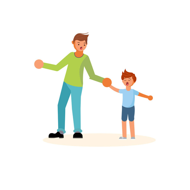 Father pulls the hand of a capricious son - Vector, Image