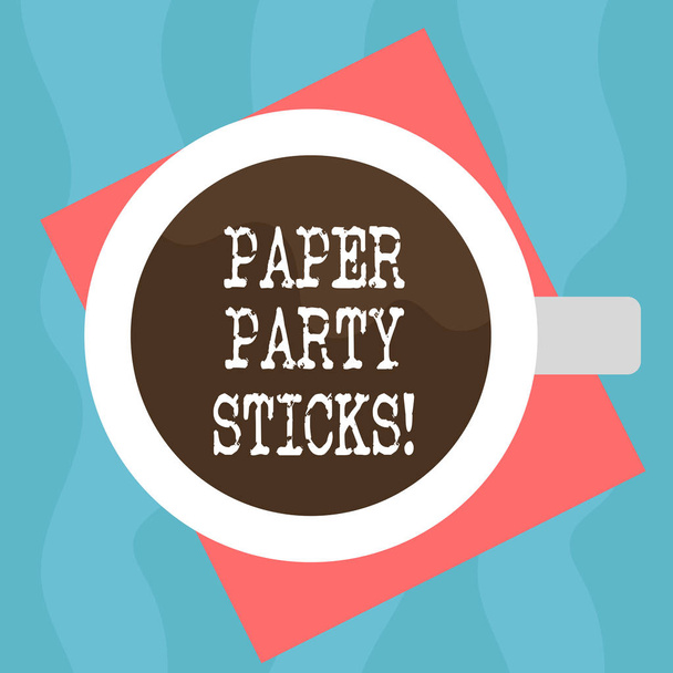 Käsitteellinen käsin kirjoittaminen osoittaa Paper Party Sticks. Business valokuva esittelee värillisiä muotoja kovan paperin käytetään luoda emojis Top View juominen Cup täynnä juomaa värillinen paperi
. - Valokuva, kuva