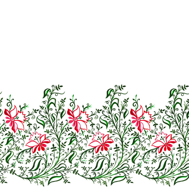 Seamless pattern ornament openwork delicate flowers and leaves with curls and vines green pink - Фото, зображення