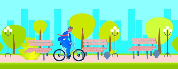 бізнесмен в костюмі їзда на велосипеді для роботи бізнесмен офіс працівник велосипедний відкритий громадський міський парк міський пейзаж плоский горизонтальний фон повної довжини Векторні ілюстрації
 - Вектор, зображення