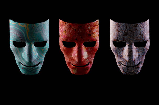 Tres máscaras faciales con diferentes texturas sobre un fondo negro. Inteligencia artificial rostros robóticos
. - Foto, Imagen