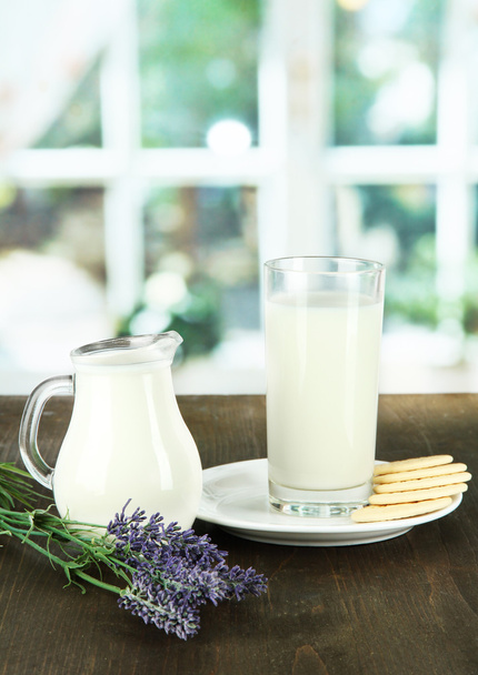 Glass of milk, a jug and cookies on a room background - Foto, afbeelding