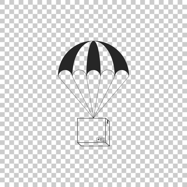 Vak vliegen op parachute pictogram geïsoleerd op transparante achtergrond. Parcel met parachute voor de scheepvaart. Bezorgservice, lucht verzending concept, bonus concept. Platte ontwerp. Vectorillustratie - Vector, afbeelding