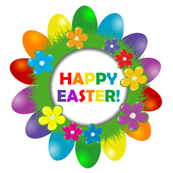 Easter frame with rainbow colored eggs, grass and flowers - Vector, Image