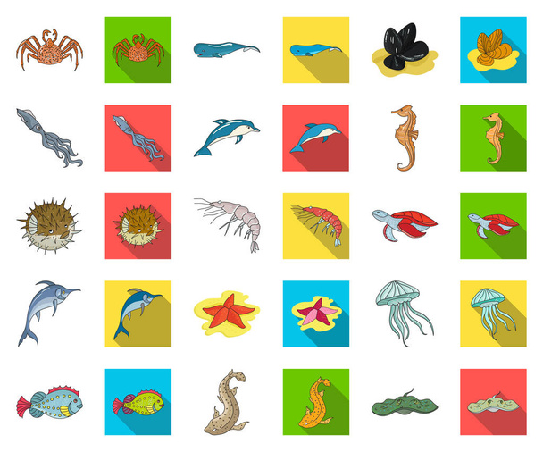 A variety of marine animals cartoon,flat icons in set collection for design. Fish and shellfish vector symbol stock web illustration. - Διάνυσμα, εικόνα