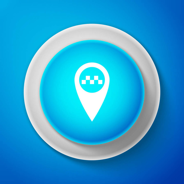 Map pointer with taxi icon isolated on blue background. Circle blue button. Vector Illustration - Vettoriali, immagini