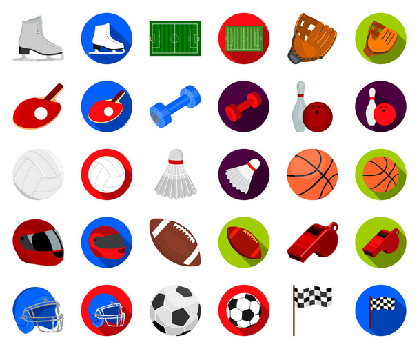Różnego rodzaju sporty kreskówka, płaskie ikony w zestaw kolekcji dla projektu. Sport sprzęt symbol zasobów sieci web wektorowa. - Wektor, obraz
