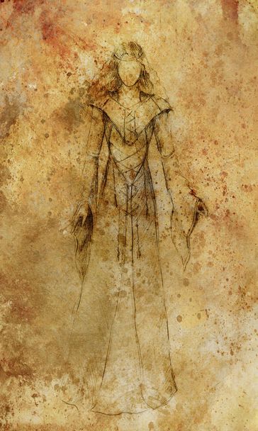 Zeichnung auf Papier einer mystischen Frau im historischen Kleid. - Foto, Bild