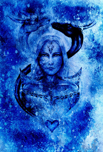 desenho de mística jovem mulher em vestido histórico com duas cabeças de dragão acima dela. Efeito gráfico
. - Foto, Imagem