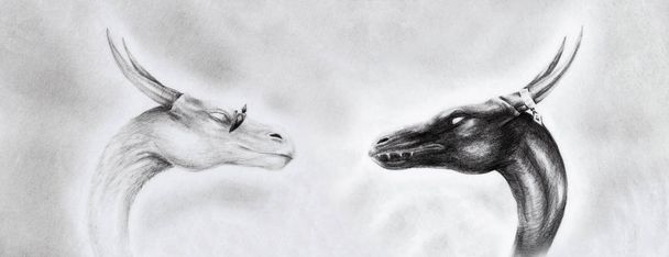 dibujo de dos cabezas de dragón sobre papel con fondo abstracto
. - Foto, imagen