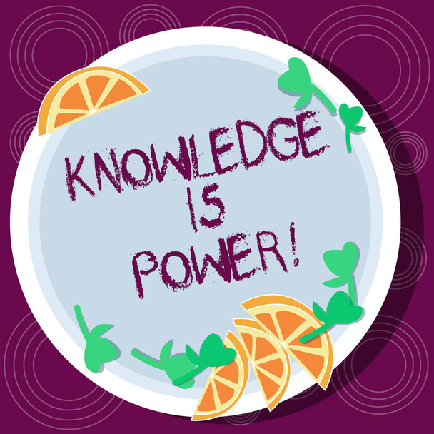 Word writing text Knowledge Is Power. Business concept for knowing is more powerful than physical strength Cutouts of Sliced Lime Wedge and Herb Leaves on Blank Round Color Plate. - Photo, Image