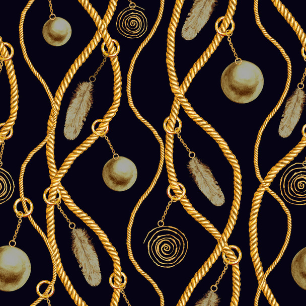 Golden chain glamour seamless pattern illustration. Watercolor hand drawn fashion texture with different gold chains on black background. Watercolour print for textile, fabric, wallpaper, wrapping. - 写真・画像