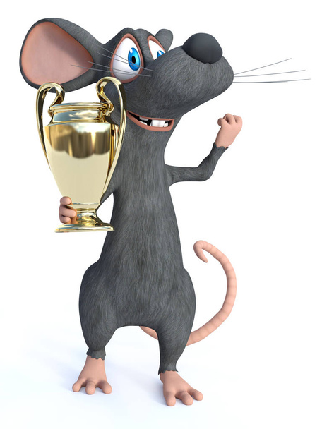 3D vykreslování roztomilý usměvavý kreslený myši hospodářství zlatou cenu trofej přizná a vypadá jako šampion beacause získal první cenu. Bílé pozadí. - Fotografie, Obrázek