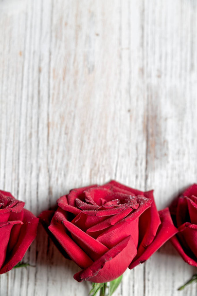 Trzy czerwone róże na jasnym tle drewnianych z kopia przestrzeń, widok z góry, kompozycja pionowa - obraz - Zdjęcie, obraz