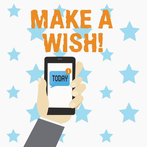 Escritura manual conceptual que muestra Make A Wish. Exhibición de fotos de negocios Para tener sueños deseos sobre eventos futuros Sé positivo
. - Foto, imagen