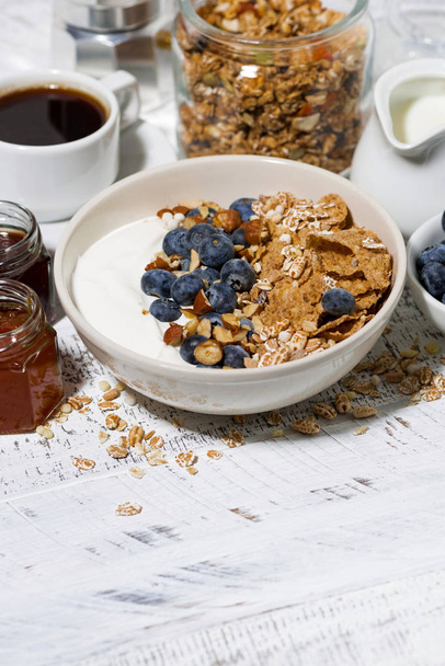 bowl of healthy wholegrain flakes, yogurt and fresh blueberries on white table, vertical top view - Fotó, kép