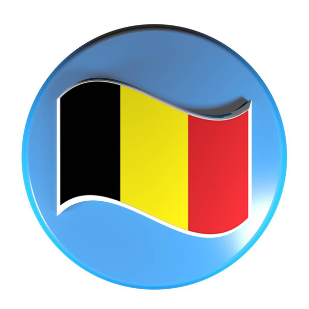Przycisk niebieski okrąg, na białym tle, macha flagą Belgia - 3d renderowania ilustracji tle - Zdjęcie, obraz