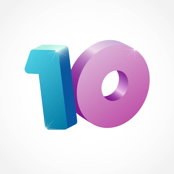 10 th years old congrats. Isolated abstract colored graphic design template. Up to -10 % logotype. Round shape 0. Discount emblem on white background. Creative web digits with 3D rotation effects. 10 anniversary numbers - Vector, Image