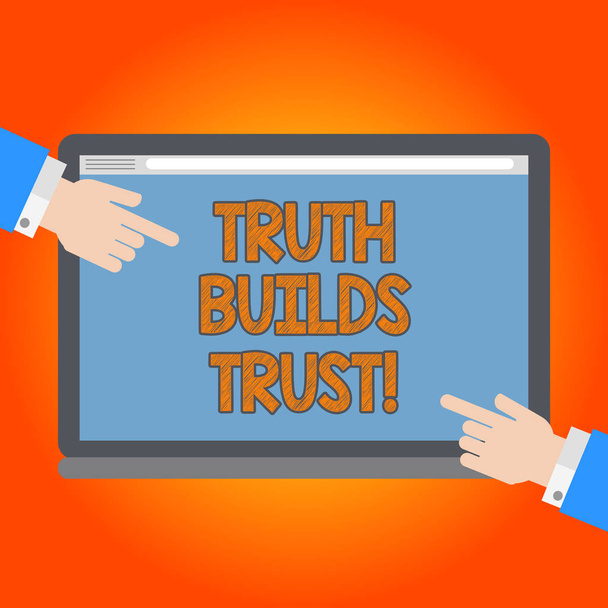 Текст почерка Truth Builds Trust. Концепция означает, что вы думаете, что они являются надежными и имеют уверенность в них Ху анализ руки с обеих сторон, указывая на чистый цветной экран планшета
. - Фото, изображение