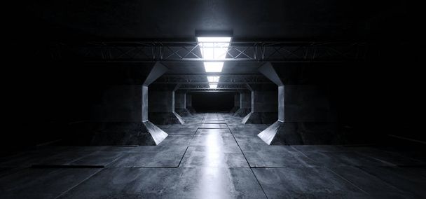 Sci Fi futuristik yabancı gemi Grunge beton yansıtıcı sütunları koridor uzay Modern mavi beyaz Neon parlayan lazer Led döşeli kat 3d render illüstrasyon - Fotoğraf, Görsel