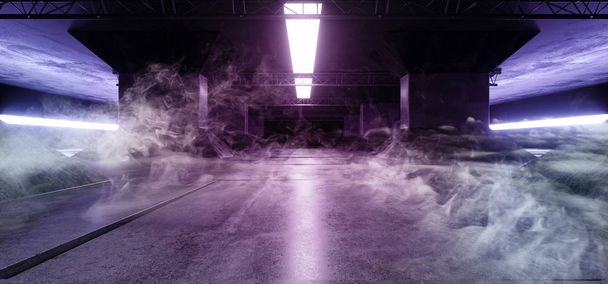 Piso de azulejos de fumaça Sci Fi futurista nave alienígena Grunge reflexivo de colunas de concreto corredor nave espacial moderno branco azul roxo Neon Laser brilhante levou fundo ilustração de renderização 3d - Foto, Imagem