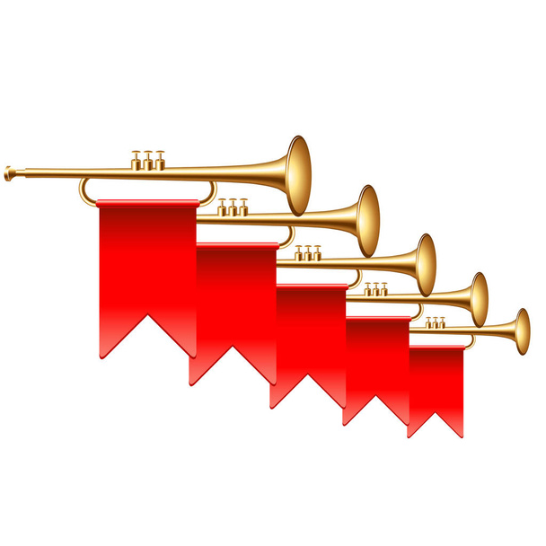 Trompetten met rode vlaggen geïsoleerd op witte fotorealistische vectorillustratie - Vector, afbeelding