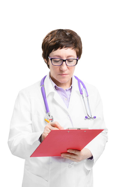 Woman doctor with stethoscope and folder. Isolated on white background. - Foto, immagini