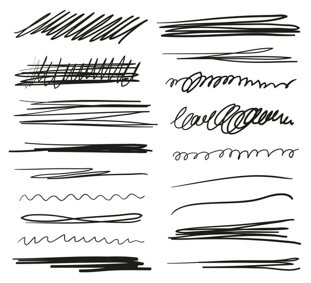 Hand getrokken onderstrepingen op wit. Abstracte achtergronden met scala van lijnen. Beroerte chaotische patronen. Zwart-wit afbeelding. Schetsmatig elementen voor posters en flyers - Vector, afbeelding