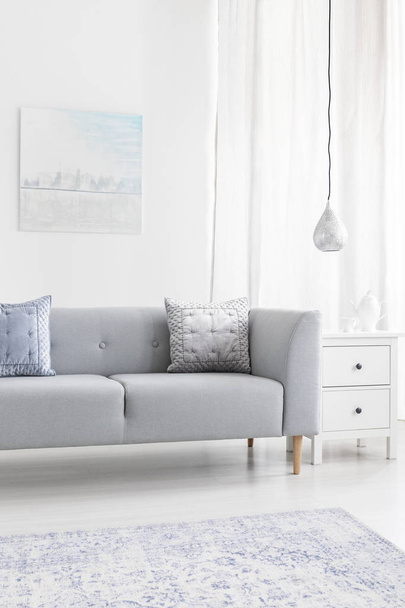 Grey sofa with cushions near lamp in minimal living room interior with poster and carpet. Real photo - Фото, изображение