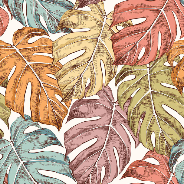 Monstera feuilles dessin à la main motif sans couture rétro
 - Vecteur, image