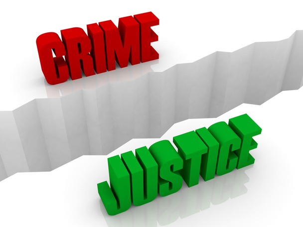 Два слова CRIME и JUSTICE разделились по бокам, трещина в разделении. Концепция 3D иллюстрации
. - Фото, изображение
