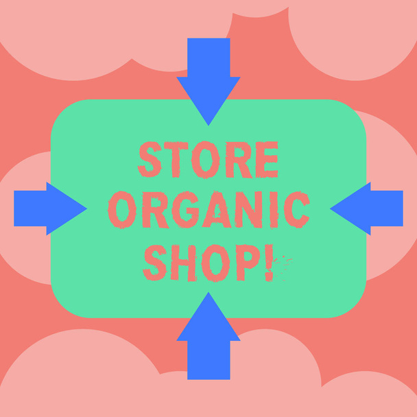 Uwaga: pisanie Wyświetlono Sklep sklep organicznych. Biznesowe zdjęcie prezentujący typu sklep spożywczy, który sprzedaje przede wszystkim zdrowie żywności strzałki na cztery boki z puste prostokątny kształt wskazując czynnego zdjęcie. - Zdjęcie, obraz