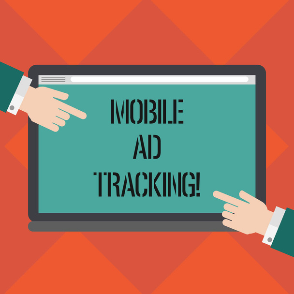 Handwriting text writing Mobile Ad Tracking. Concept meaning monitor brand perforanalysisce including advertising awareness Hu analysis Hands from Both Sides Pointing on a Blank Color Tablet Screen. - Photo, Image