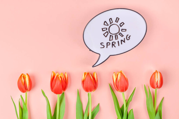 Creativo plano laico vista superior bienvenida tarjeta de felicitación de primavera con flores de tulipanes rojos sobre fondo vivo de coral rosa con espacio de copia. Plantilla de postal de celebración
 - Foto, Imagen
