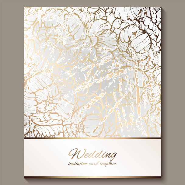 Antique royal luxury zaproszenie na ślub, złota na białym tle z ramki i miejsce dla tekstu, liści koronkowy z róż lub piwonie gradientem błyszczący. - Wektor, obraz