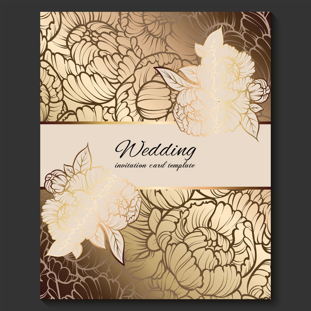 antike königliche Hochzeitseinladung, Gold auf beigem Hintergrund mit Rahmen und Platz für Text, Spitzenblätter aus Rosen oder Pfingstrosen mit glänzendem Farbverlauf. - Vektor, Bild