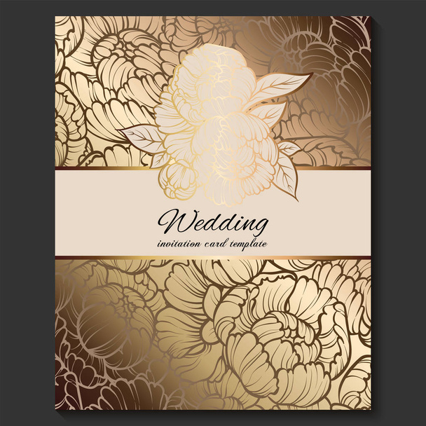 Αντίκες πολυτελή βασιλική προσκλητήριο γάμου χρυσό σε μπεζ φόντο με σκελετό και θέση για κείμενο, δαντελωτές φύλλωμα από τριαντάφυλλα ή παιώνιες με λαμπερά ντεγκραντέ. - Διάνυσμα, εικόνα