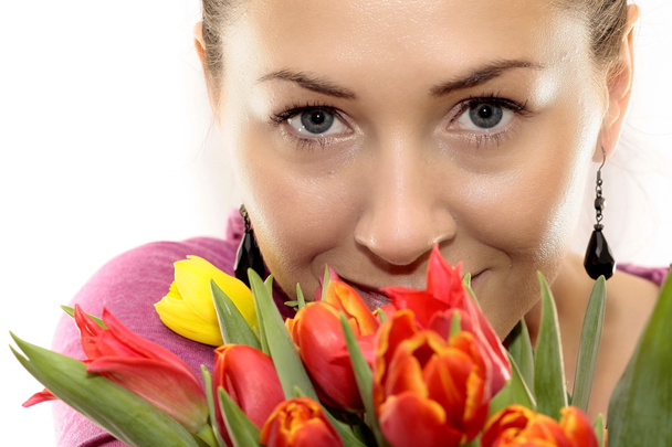 Woman with Colored Tulips - Foto, Imagen