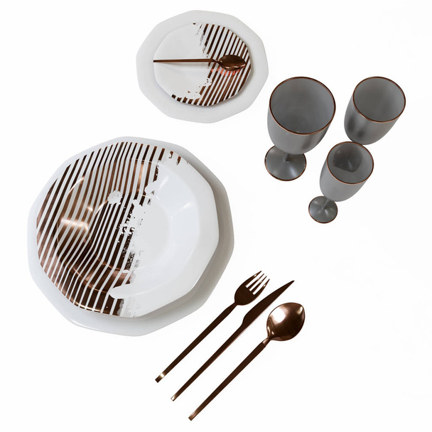 A beautiful set of dishes with a gold pattern. Isolated plates, glasses, spoons, fork, knife on the table. 3D illustration. - Фото, зображення