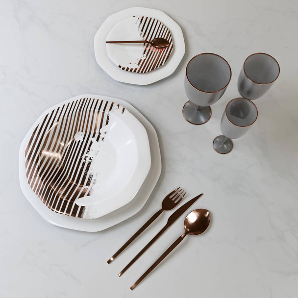 A beautiful set of dishes with a gold pattern. Plates, glasses, spoons, fork, knife on the table. 3D illustration. - Fotó, kép